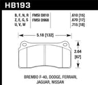 HB193 dimensions chart for brake pads compatible with Brembo F-40, Dodge, Ferrari, Jaguar, Nissan.