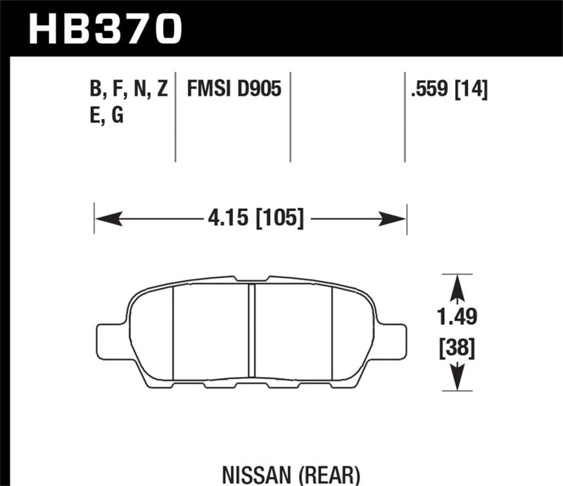 Hawk 03-07 350z / G35 / G35X w/o Brembo HP+ Street Rear Brake Pads dimensions