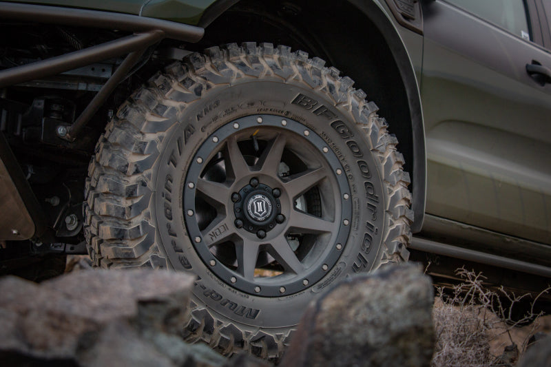 ICON Rebound 17x8.5 6x5.5 25mm Offset 5.75in BS 95.1mm Bore Bronze Wheel on offroad tire.