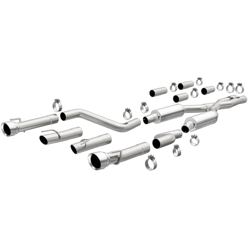 MagnaFlow 2017+ Dodge Charger 409 SS Polished 3in Quad Tips Cat-Back Exhaust system components laid out.