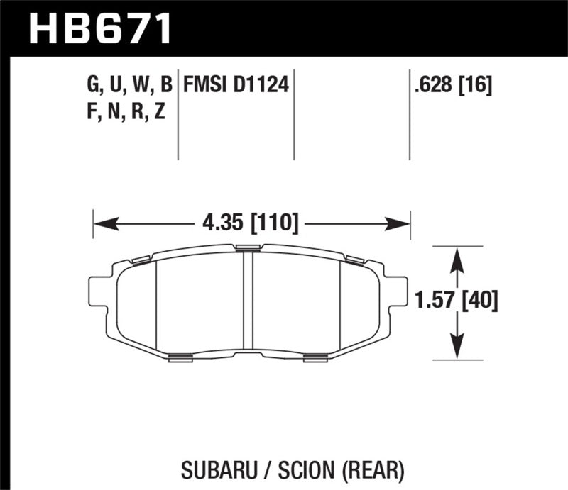 Hawk 11+ Subaru Legacy GT Performance Ceramic Rear Street Brake Pads dimensions diagram