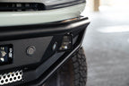 DV8 Offroad 21-22 Ford Bronco Competition Series Front Bumper detail with fog light and skid plate, offroad parts.