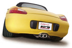 Borla 00-04 Porsche Boxster 3.2L 6cyl MT SS Catback Exhaust on yellow sports car rear view