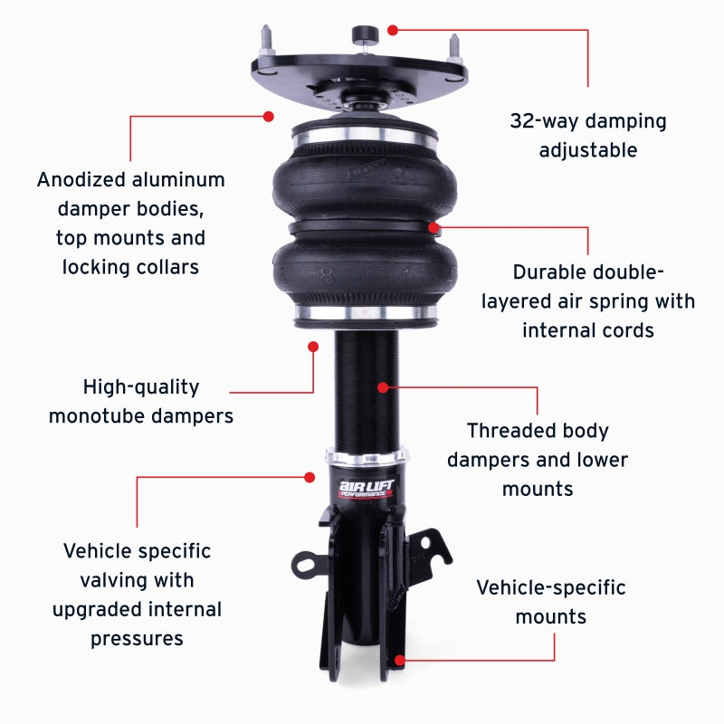 Air Lift Performance 15-21 Subaru WRX (VA) Front Air Suspension Kit components, elevated off road parts.