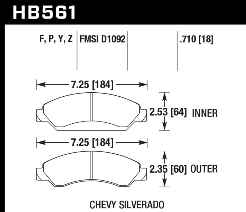 Hawk Cadillac / Chev Avalanche/Silverado/Suburban/Tahoe / GMC Sierra Yukon HPS Front Street Brake Pa specifications diagram