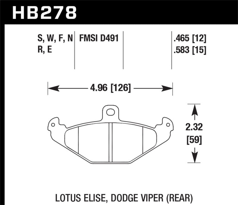 Hawk HPS Street Brake Pads dimensions for Lotus Elise and Dodge Viper