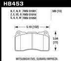 HB453 brake pad specifications for Mitsubishi Evo, Subaru Impreza