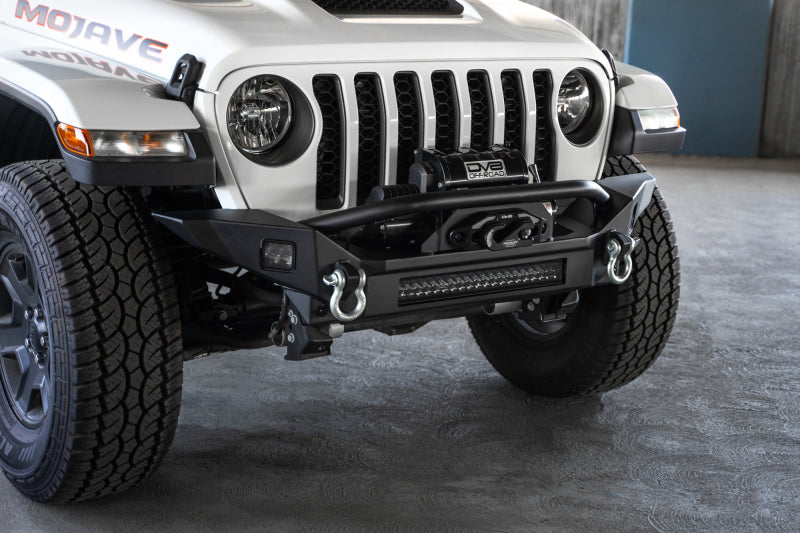 DV8 Offroad 18-23 Jeep Wrangler JL / 20-23 Jeep Gladiator JT FS-7 Mid-Width Winch Front Bumper with offroad tires