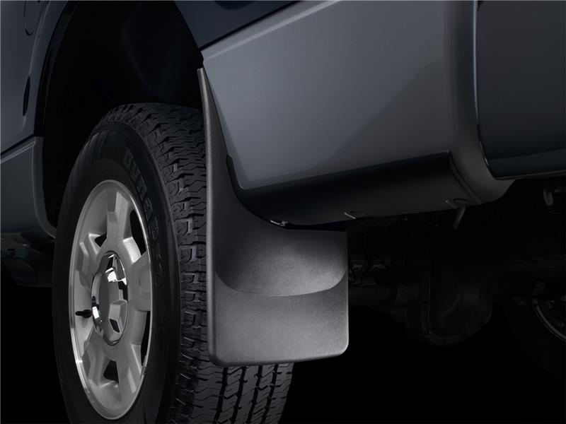 WeatherTech 13+ GMC Acadia No Drill Rear Mudflaps installed on truck
