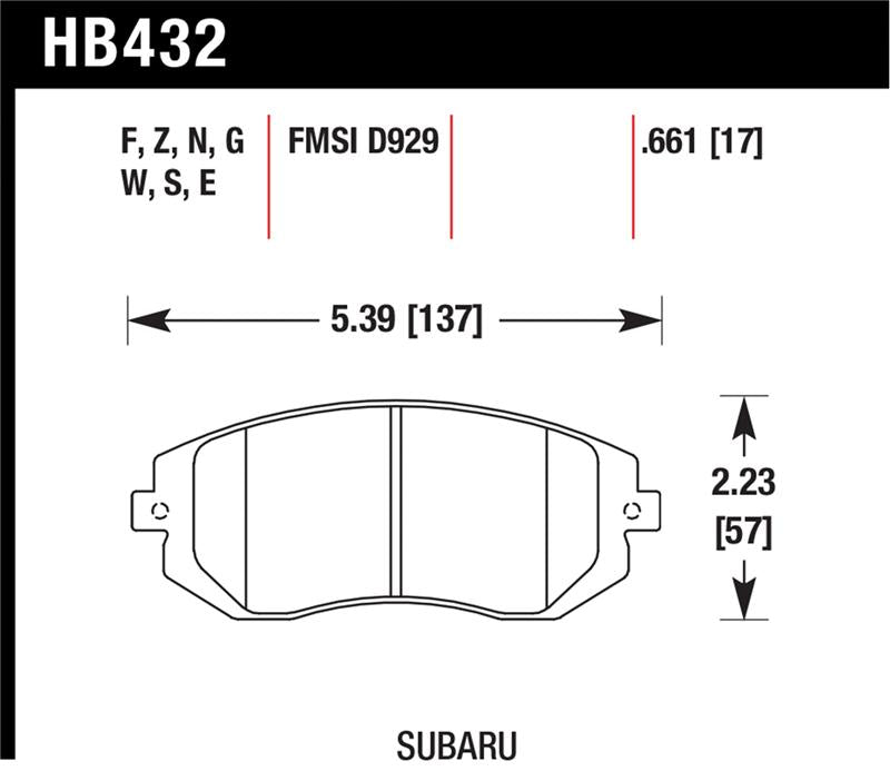 Hawk 03-05 WRX / 08 WRX / 09 Legacy 2.5i NA ONLY D929 HPS Street Front Brake Pads dimensions and specifications