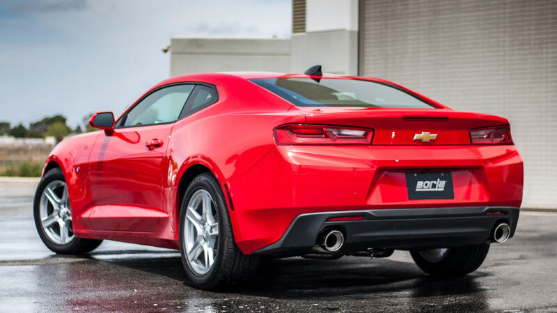 Borla 16-17 Chevy Camaro 3.6L V6 Single Split Rear Exit ATAK Axle-Back Exhaust on a red Camaro