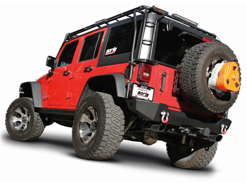 Borla 12-16 Jeep Wrangler 3.6L AT/MT 4DR 4WD S SQ RL AC SR 2.5in 2in TIP 3.5inx3.28in Black Chrome on red Jeep.