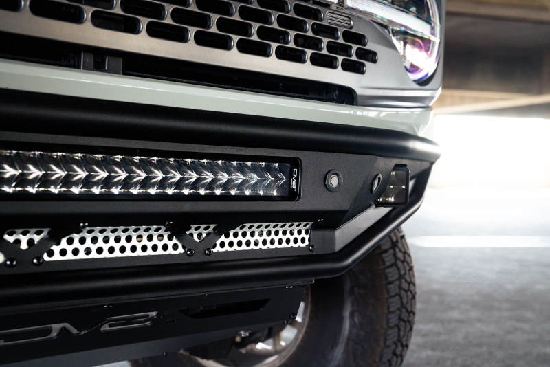 DV8 Offroad 21-22 Ford Bronco Competition Series Front Bumper with offroad lighting and skid plate.