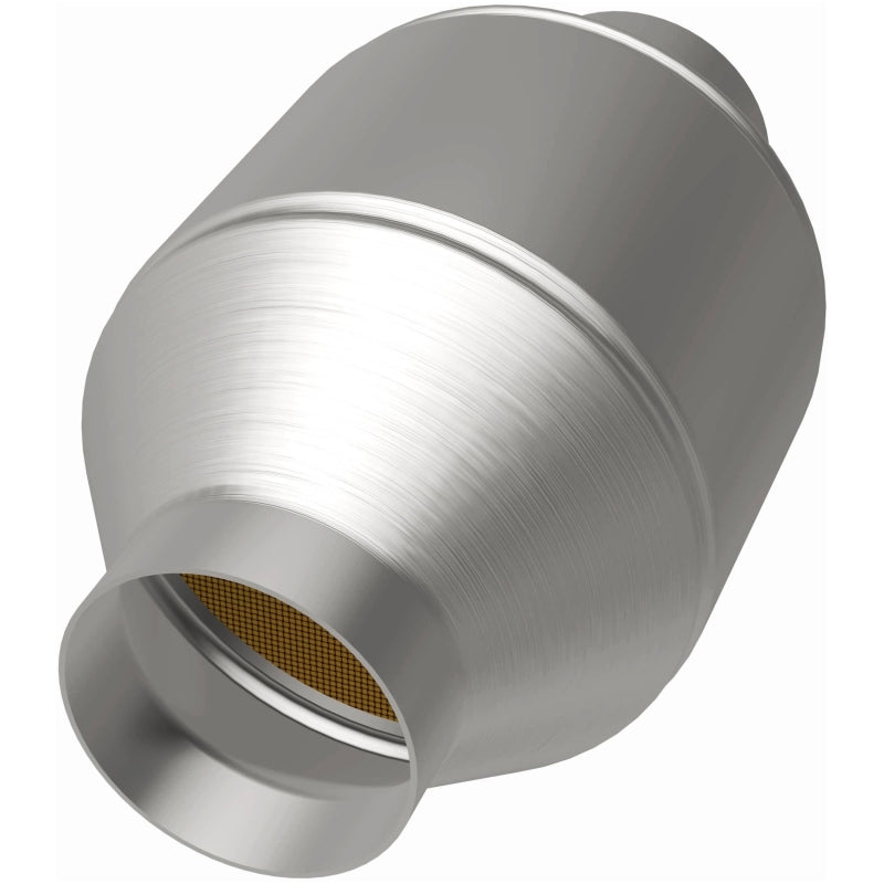 MagnaFlow Conv Univ 2.5in Inlet/Outlet Center/Center Round 3in Body L x 5in W x 8.75in Overall L, stainless steel catalytic converter