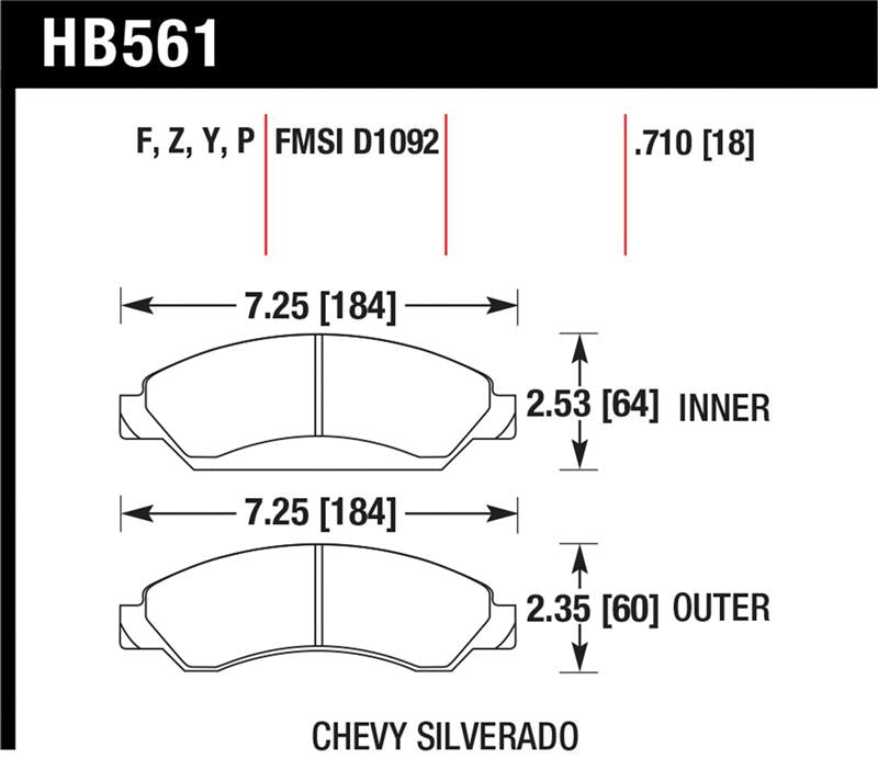 Hawk 07-08 Escalade 6.2 / 07-08 Avalanche Super Duty Front Brake Pads dimensions for Chevy Silverado