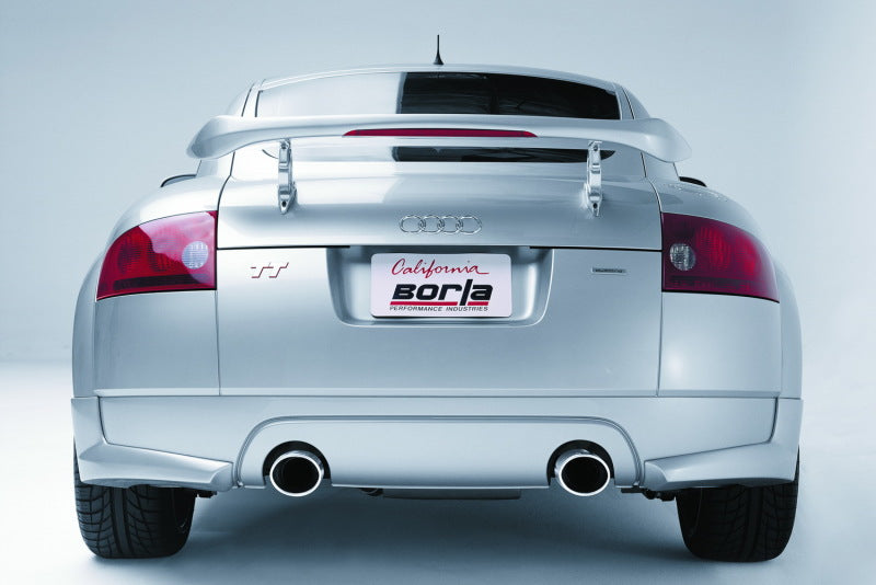 Borla 01-06 Audi TT Quattro 1.8T 225HP MT AWD 2dr Single Split Rear Exit SS Catback Exhaust installed on a silver Audi TT.