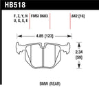 HB518 rear brake pad dimensions for Hawk 01-06 BMW 330 / 97-01 740I / 96-01 750IL / 03-06 BMW M3 / 00-03 M5 / 00-06 X5 / 06-08 Z4 / 03-0