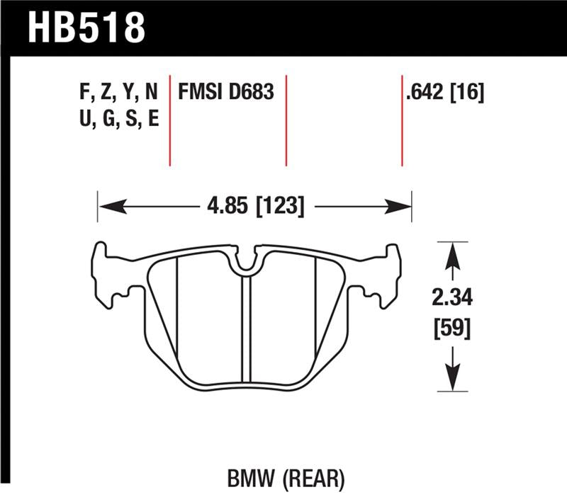 HB518 rear brake pad dimensions for Hawk 01-06 BMW 330 / 97-01 740I / 96-01 750IL / 03-06 BMW M3 / 00-03 M5 / 00-06 X5 / 06-08 Z4 / 03-0