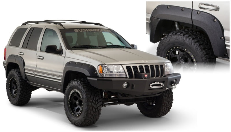 Bushwacker 99-04 Jeep Grand Cherokee Cutout Style Flares 2pc - Black on customized off-road Jeep with performance upgrades