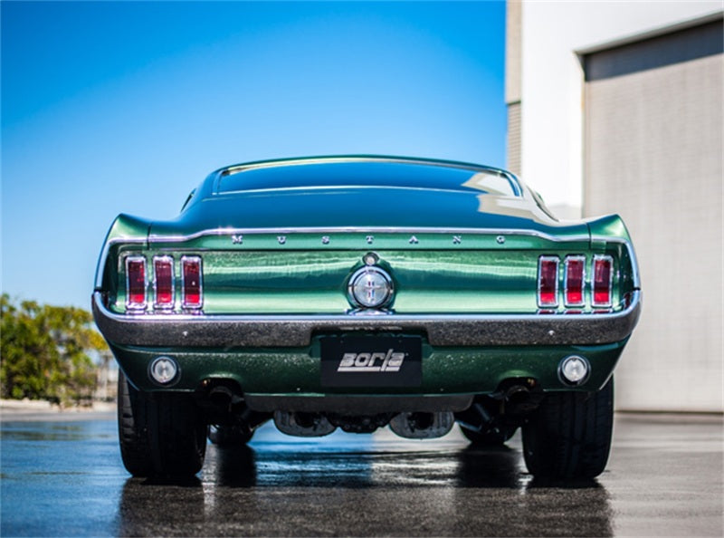 Borla CrateMuffler Ford 5.0L Coyote ATAK 2.5in Offset/Center 12in x 6in x 10.34in Muffler on classic Mustang rear view