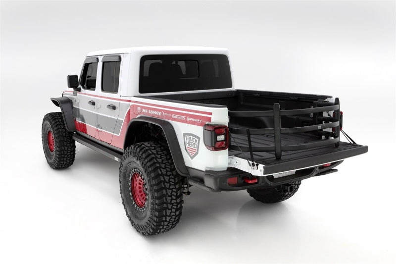 AMP Research 20-22 Jeep Gladiator (Does Not Work w/Tonneau Cvrs) Bedxtender HD Sport - Black on customized off road truck.