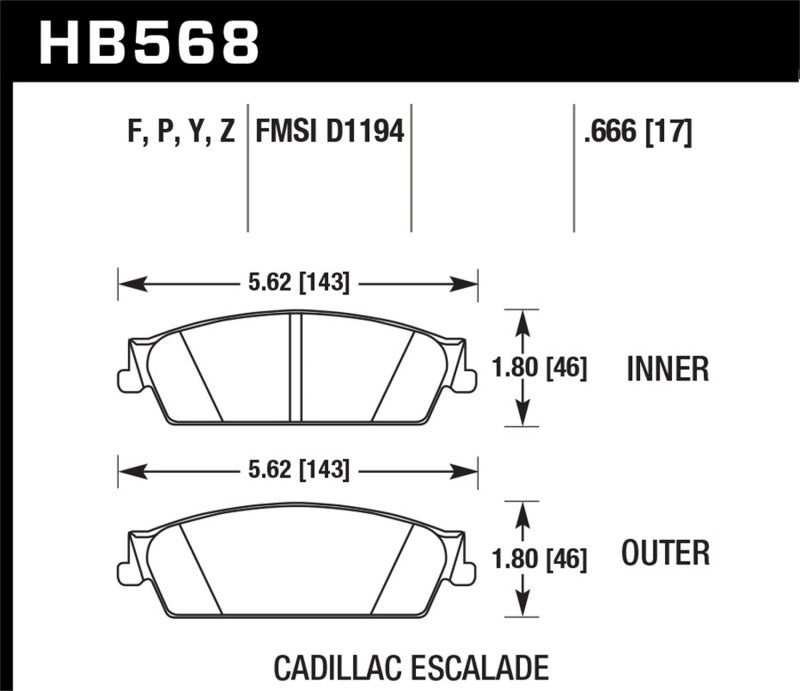 Hawk 07 Chevy Tahoe LTZ LTS Rear Brake Pads dimensions diagram