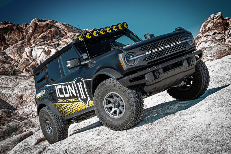 ICON 2021+ Ford Bronco Hoss 2.0 Front EXP Coilover 2.5in on offroad terrain
