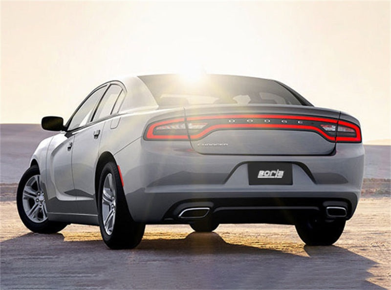 Borla 15-16 Dodge Charger 3.6L V6 S-Type Cat Back Exhaust (Uses Factory Valence) on a grey car