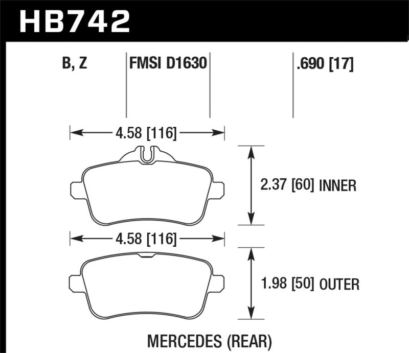 Hawk 12-15 Mercedes-Benz ML350/550 HPS 5.0 Rear Brake Pads dimensions