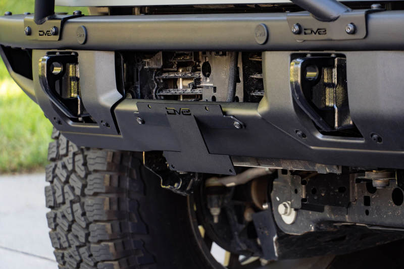 DV8 Offroad 21-22 Ford Bronco Factory Front Bumper Licence Relocation Bracket - Front mounted on truck