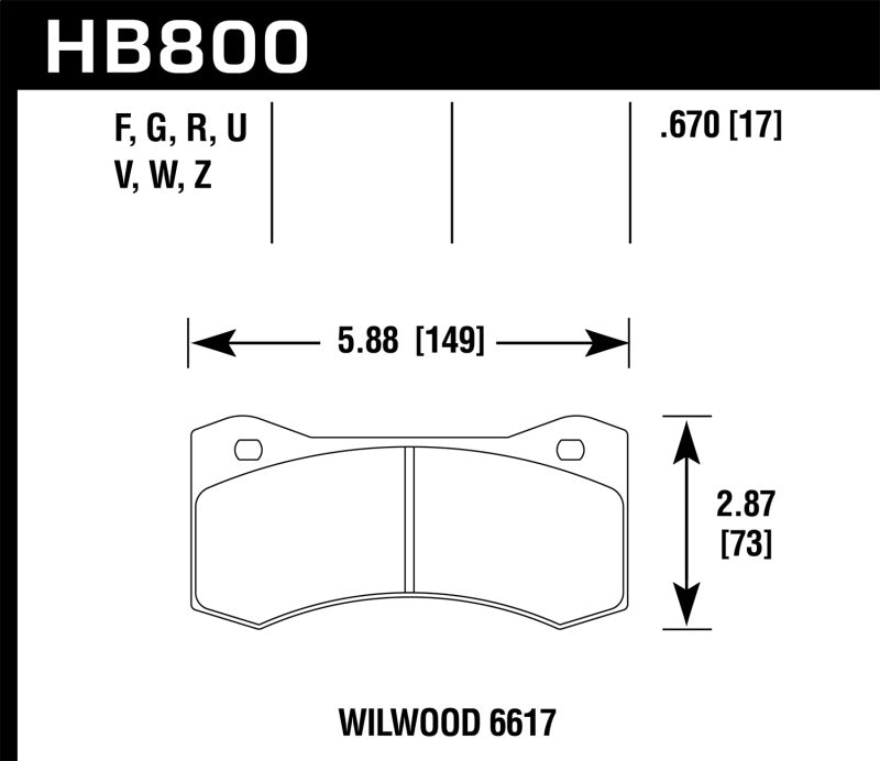 Hawk Wilwood 17mm 6617 Caliper Performance Ceramic Brake Pads dimensions and specifications for off-road vehicles