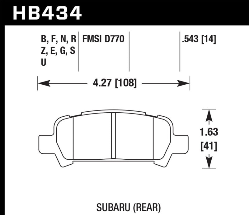Hawk 02-03 WRX / 05-08 LGT D770 HP+ Street Rear Brake Pads dimensions diagram