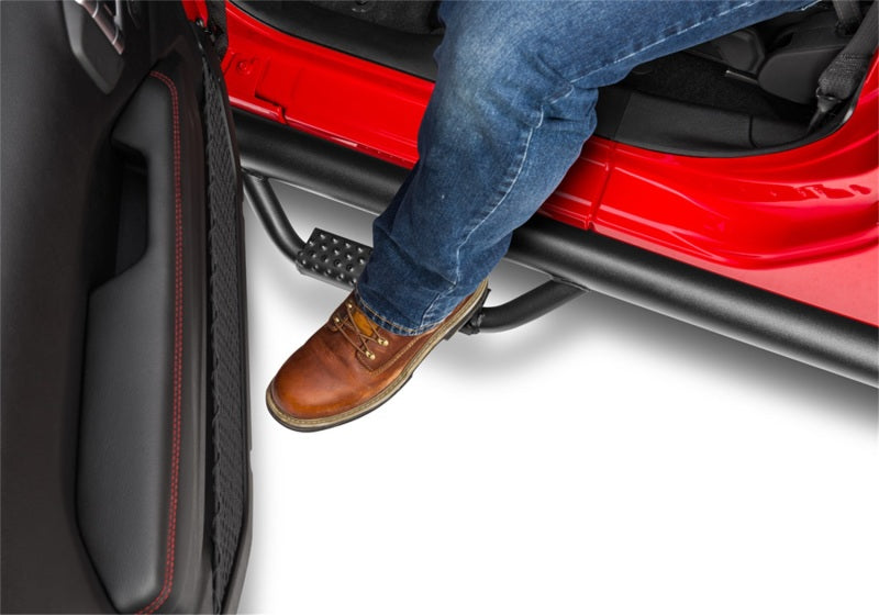 N-Fab Nerf Step 2019 Jeep Wrangler JT 4DR Truck Full Length - Tex. Black - 3in. installed for easy access.