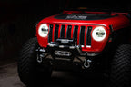 DV8 Offroad 2018+ Jeep Wrangler JL/Gladiator LED Projector Headlights installed on a red Jeep with high-performance offroad tires.
