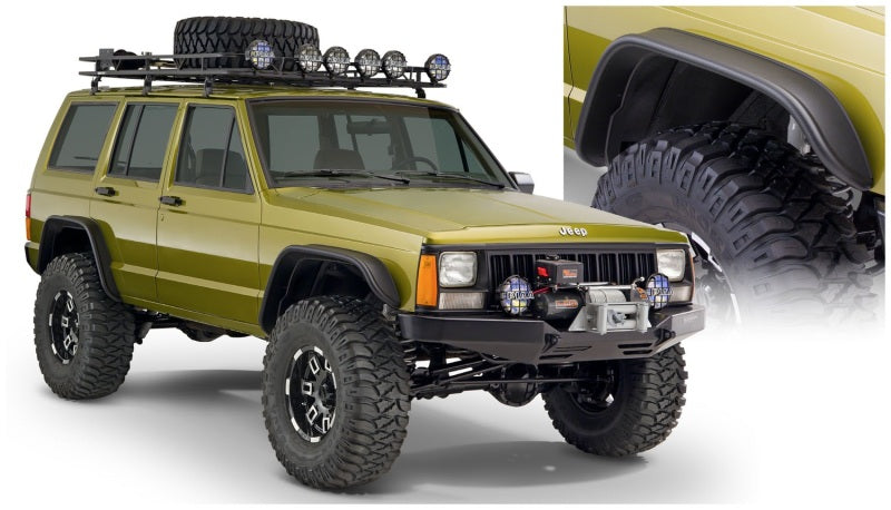 Bushwacker 84-01 Jeep Cherokee Flat Style Flares 4pc - Black on lifted Jeep with offroad tires and accessories.