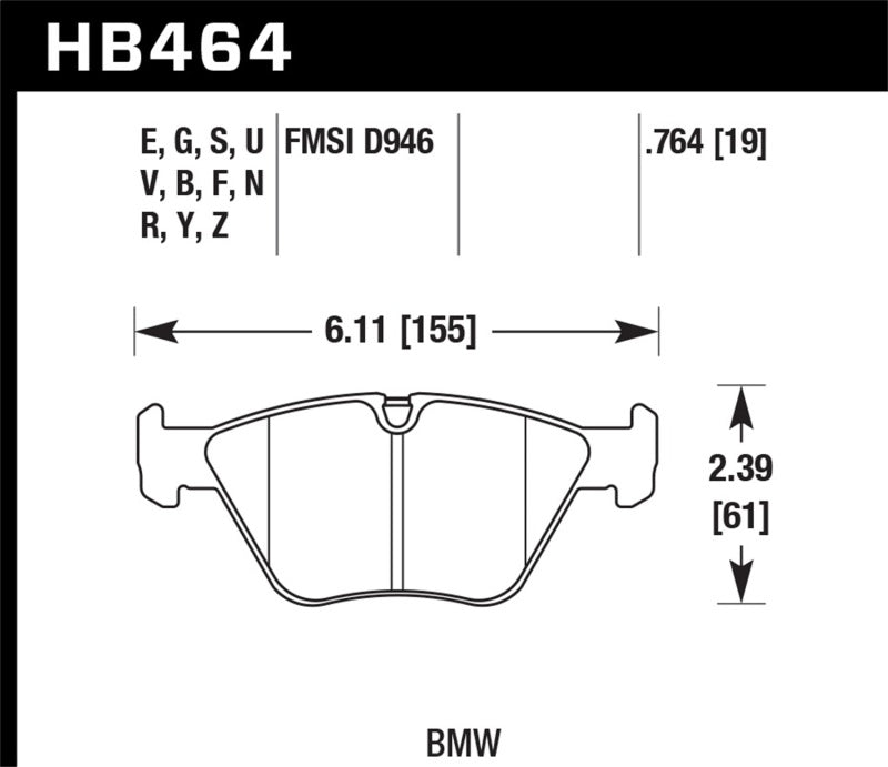 Hawk HP+ Street Brake Pads dimensions for BMW vehicles