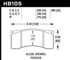 Hawk Alcon/Brembo/Porsche DTC-70 Rear Race Brake Pads dimensions