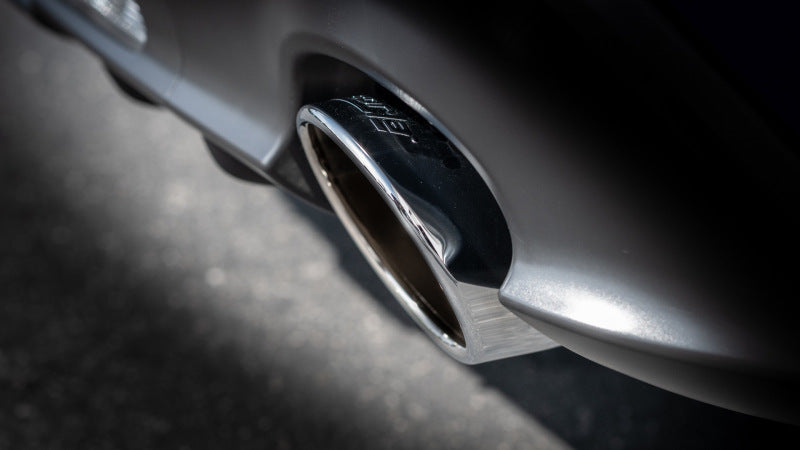 Close-up of Borla 22-23 Subaru BRZ/Toyota GR86 2.4L RWD AT/MT ATAK Catback Exhaust - Polished Tips on a vehicle.