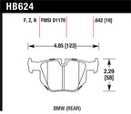 Hawk 06 BMW 330i/330xi / 07-09 335i / 07-08 335xi / 09 335d / 08-09 328i HP+ Street Rear Brake Pads technical diagram.
