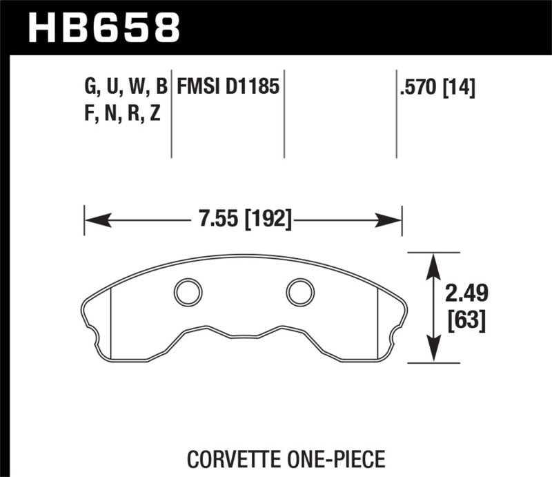 Hawk 2010-2013 Chevy Corvette Grand Sport (One-Piece Pads) High Perf. Street 5.0 Front Brake Pads dimensions diagram