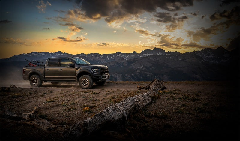 Fox Ford Raptor 3.0 Factory Series 12.3in External QAB P/B External Cooler Shock Set in off-road setting at sunset.