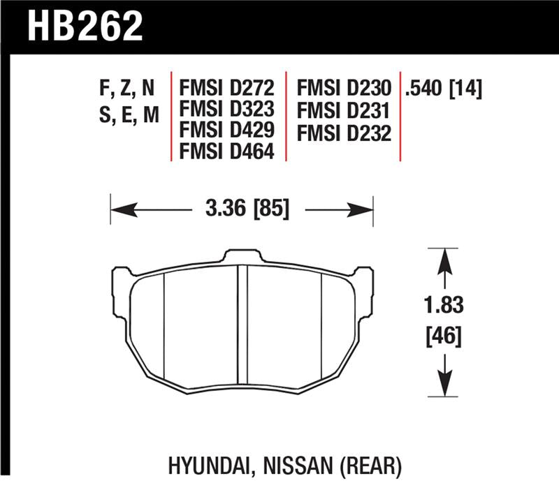 Hawk 89-97 Nissan 240SX SE HP+ Street Rear Brake Pads dimensions