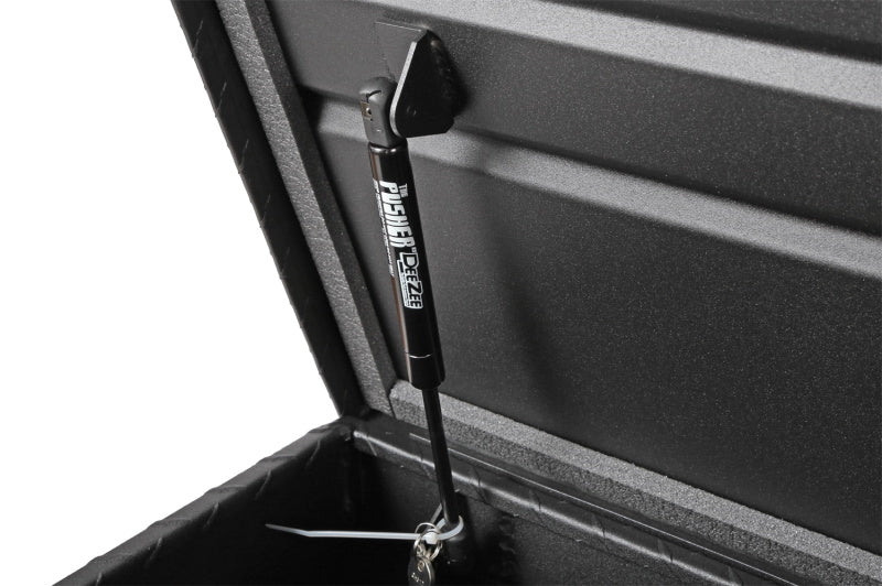 Deezee Universal Tool Box - Red Crossover - Single Lid Black BT Pull Handle (Low/Txt Blk) gas shock inside.
