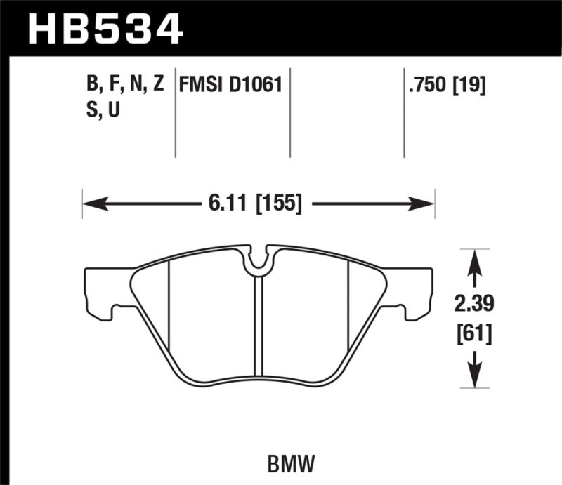 Hawk 08-12 BMW 128i /06 325i/325Xi /07 328i/328Xi /06 330i/330Xi Front HT-10 Race Brake Pads dimensions diagram