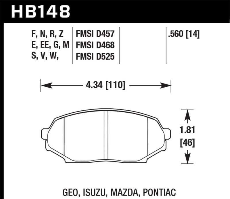 Hawk 89-93 Miata Blue 9012 Race Front Brake Pads D525 dimensions