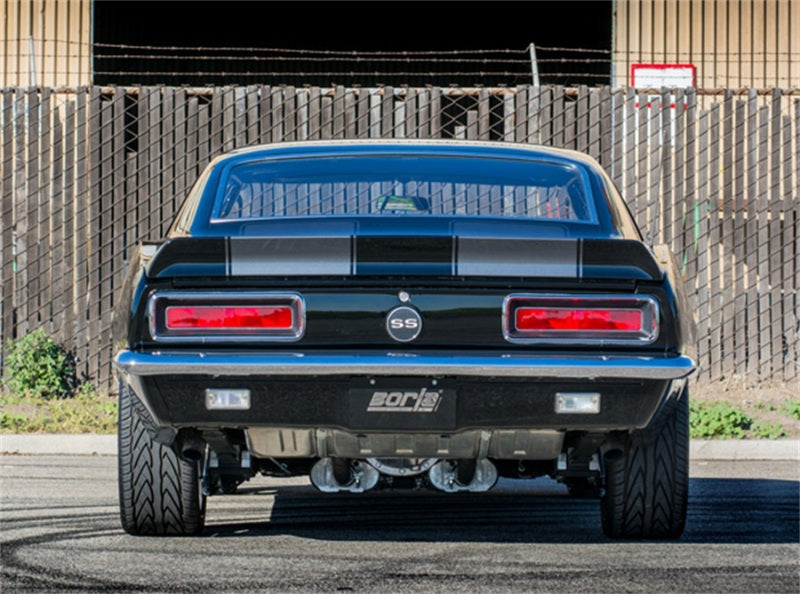 Borla CrateMuffler BBC 396/402/427 ATAK 2.5 inch ID Offset/Center 14in x 4.35in x 9in Oval Muffler on classic black Camaro SS
