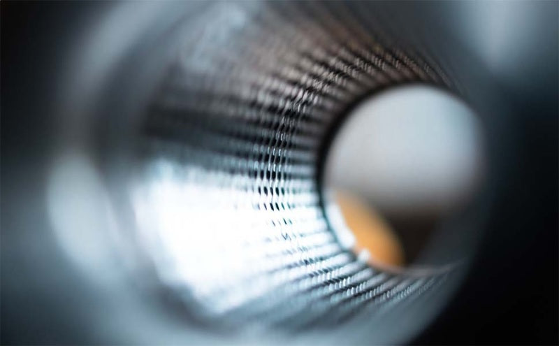 View inside MagnaFlow Muffler MAG 409SS 5x5x14 2.50 design.