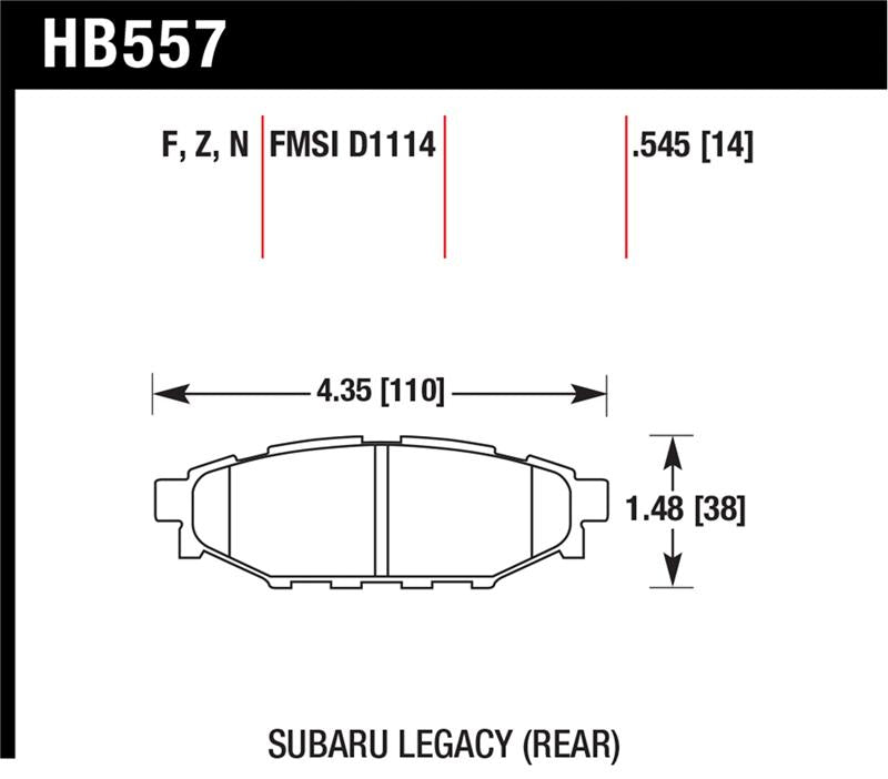 Hawk 2013-2014 Subaru BRZ Ltd (277mm Fr Disc/Solid Rr Disc) High Perf. Street 5.0 Rear Brake Pads specifications diagram