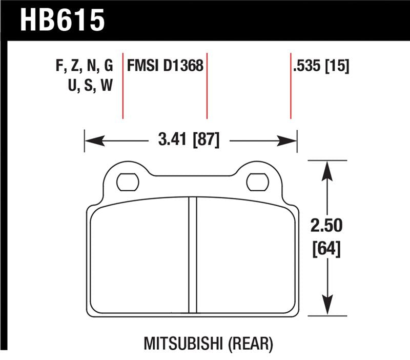 Hawk 2008-2014 Mitsubishi Lancer Evo (1-piece front rotor) High Perf. Street 5.0 Rear Brake Pads dimensions diagram