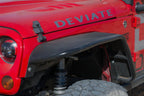 DV8 Offroad 07-18 Jeep Wrangler JK Front & Rear Flat Tube Fenders on a red Jeep with offroad wheels.